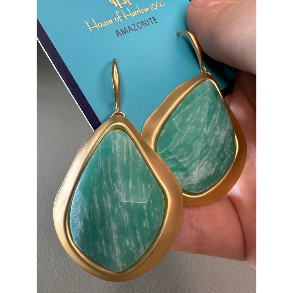 House of Harlow 1960 Amazonite Gold Tone Teardrop Dangle Earrings NWT - Picture 2 of 6